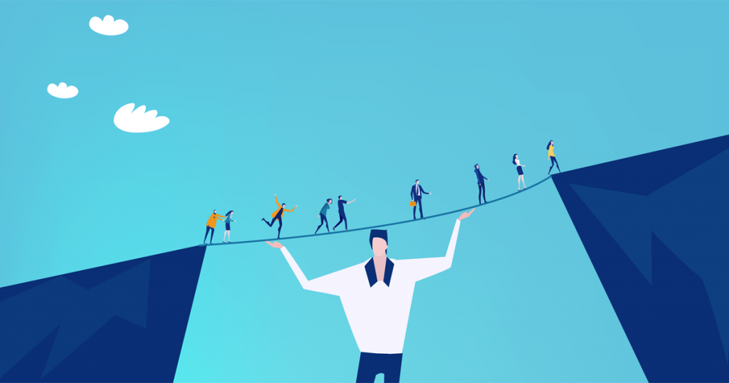 Grafik: große Figur hilft anderen über eine Brücke