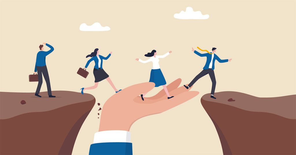 Illustration: Große Hand hilft Menschen über Felsspalte