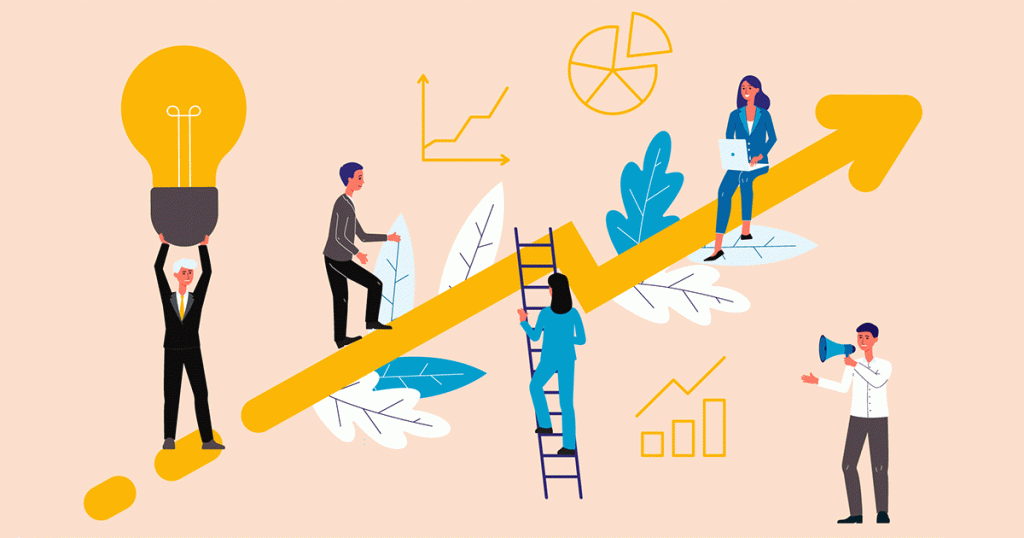 Illustration: Menschen, Pfeil nach oben, Leiter