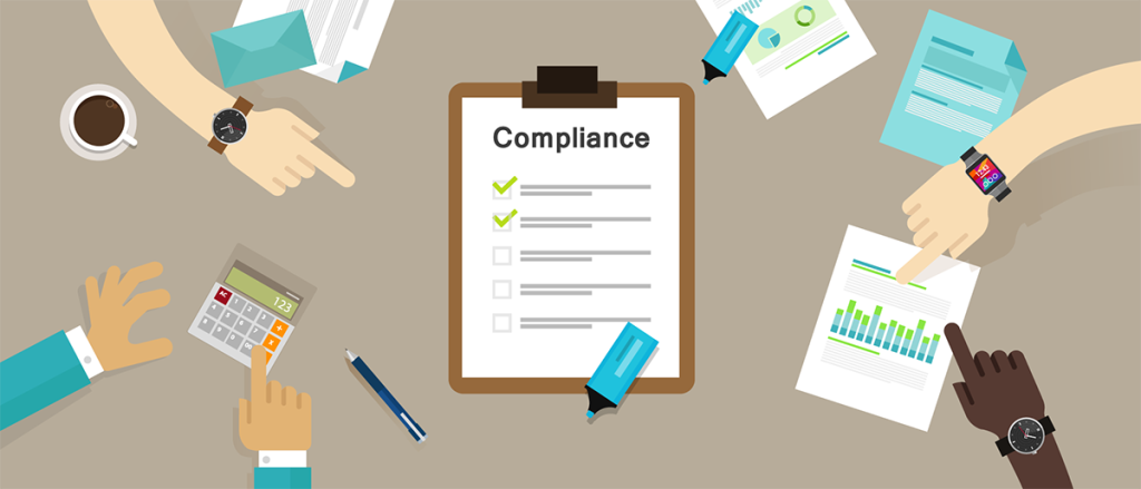 Illustration: Schreibtisch von oben, Zettel Compliance
