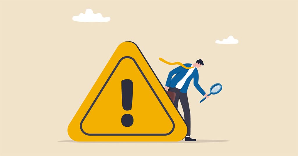 Illustration: Mann mit Lupe hinter Schild Achtung