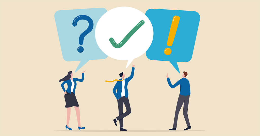 Illustration: Drei Menschen tragen Symbole ?, Haken und !